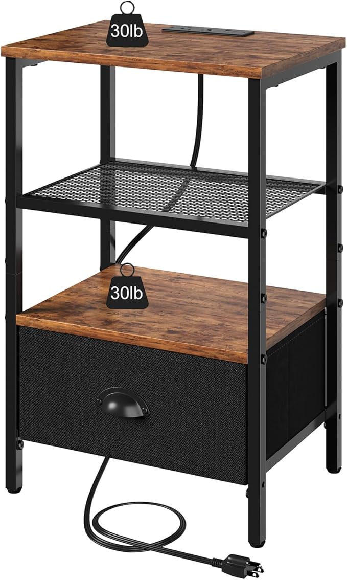 Sthmec Nightstands Set of 2, LED Bedside Tables with Charging Station and Fab...