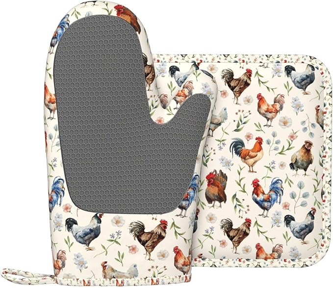 Cute Chicken Oven Mitts and Pot Holders Set, Heat Resistant & Non-Slip Silicone by Nmbvcxz