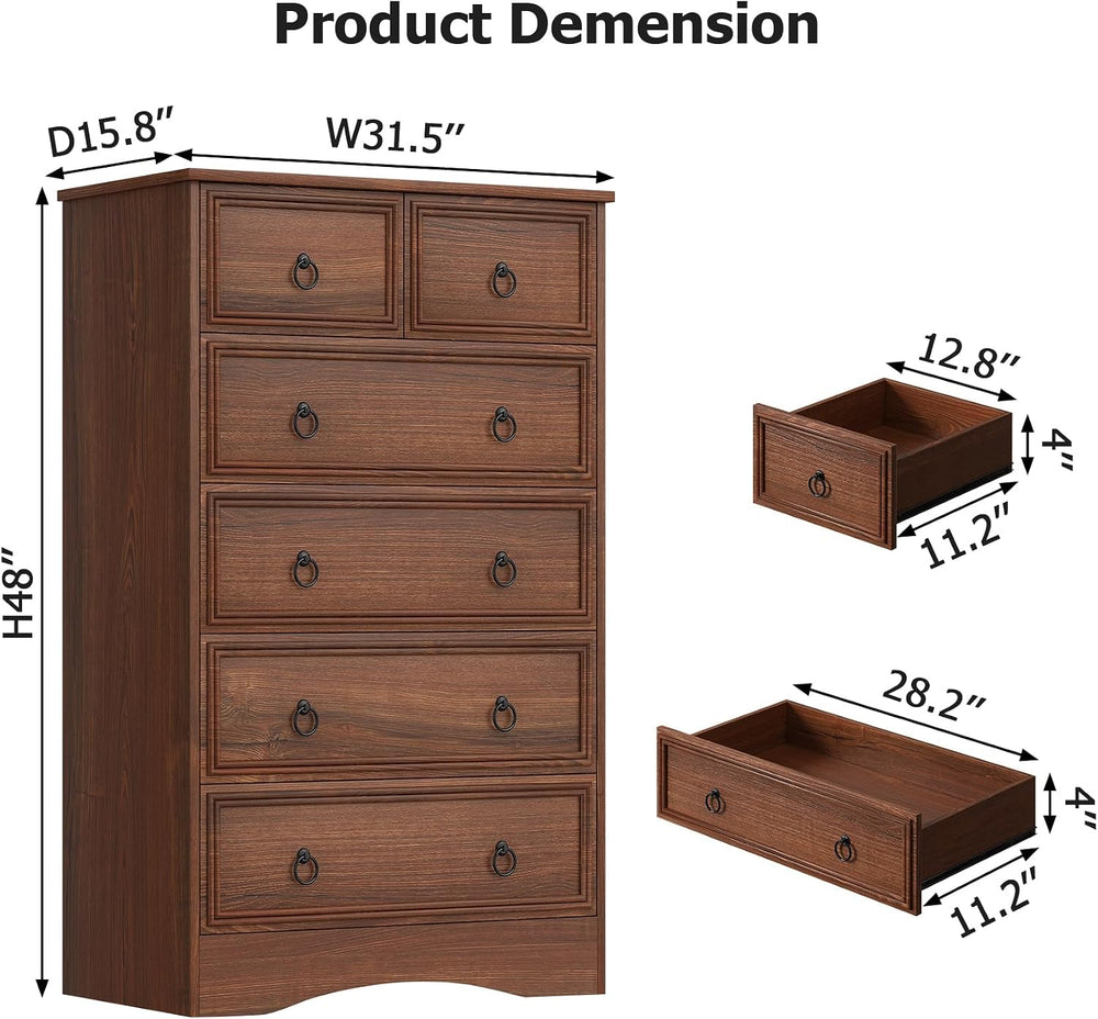 Dresser for Bedroom Tall, Mid Century Modern 6 Drawer Dresser, Cherry Wood Ch...