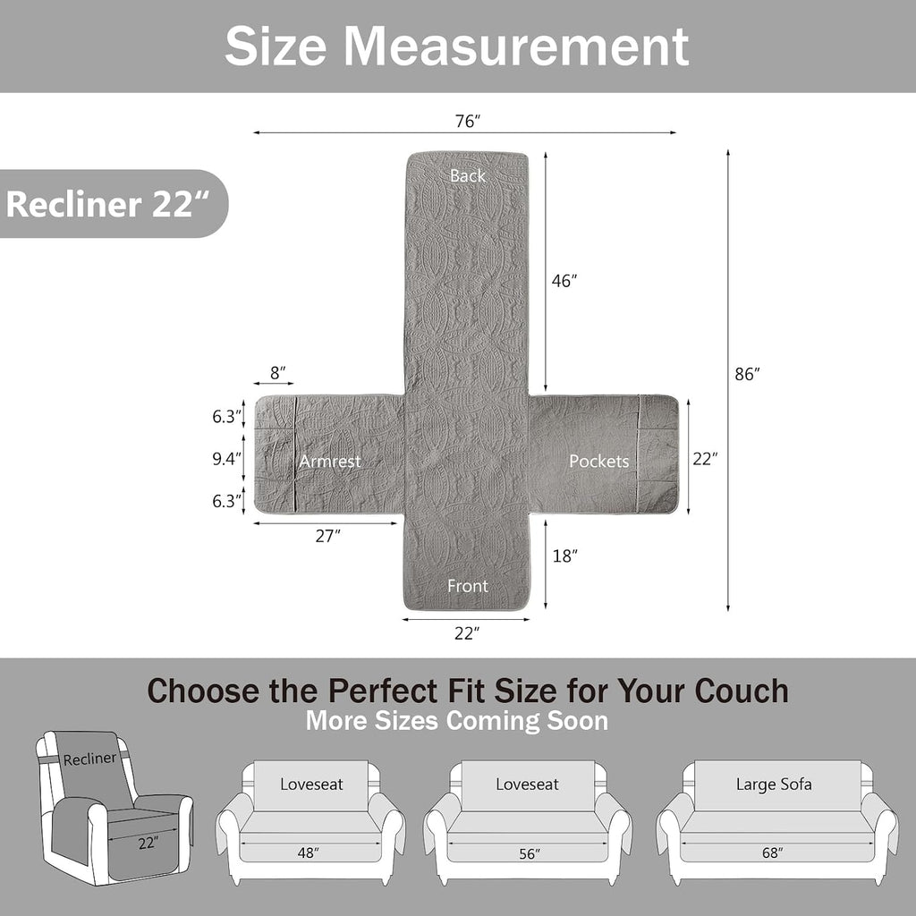 NapCloud Gray Quilted Recliner Chair Covers, Water-Repellent Recliner Covers, Lazy Boy Chair Covers, Pet Friendly Recliner Slipcover for Dogs Cats, Washable Furniture Protector (Recliner 22", Gray)