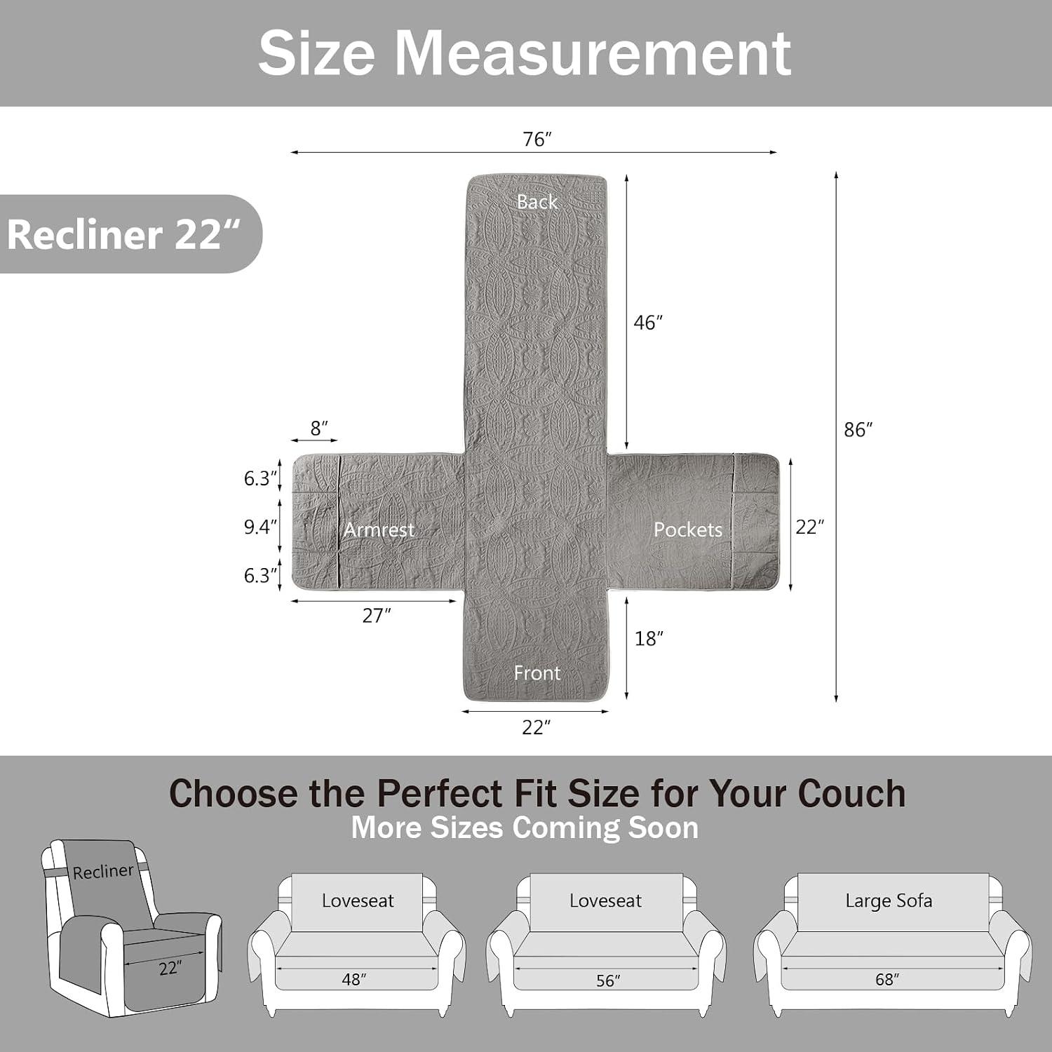 NapCloud Gray Quilted Recliner Chair Covers, Water-Repellent Recliner Covers, Lazy Boy Chair Covers, Pet Friendly Recliner Slipcover for Dogs Cats, Washable Furniture Protector (Recliner 22", Gray)