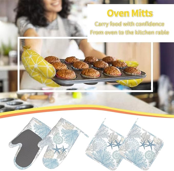 Nautical Coastal Oven Mitts Pot Holders Blue Cooking Apron Set of 5 Silicone - Image 7