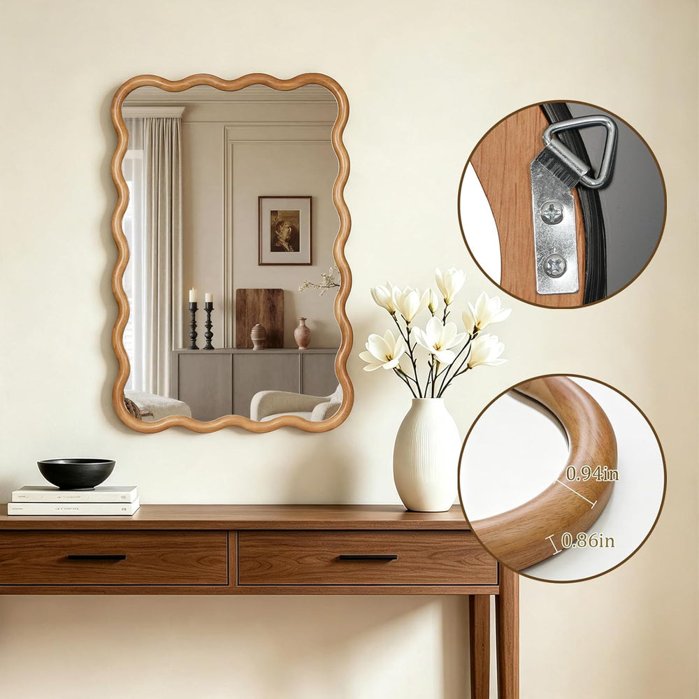 HOMECOOKIN 24"x36" Wavy Wood Mirror, Rectangular Wall Mirror with N...