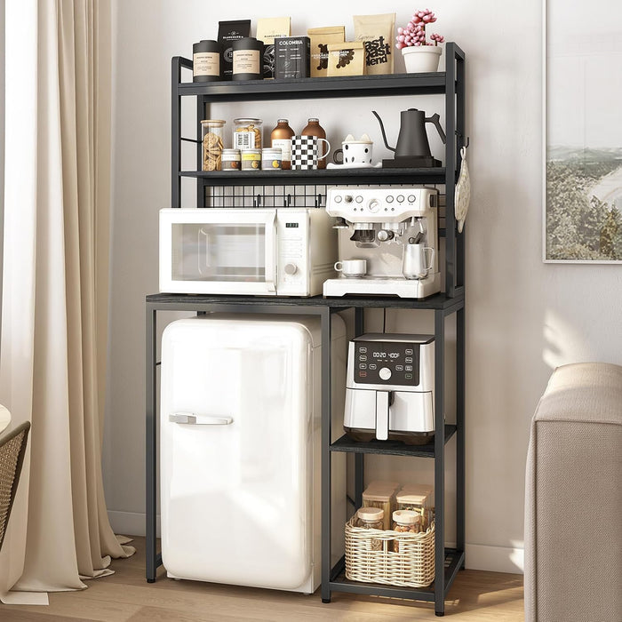 Mini Fridge Stand with Storage, Black Mini Fridge and Microwave Storage Shelf with Power Outlet, Large Bakers Rack and Storage for Kitchen Appliances, Perfect for Dorm Kitchen Coffee Bar