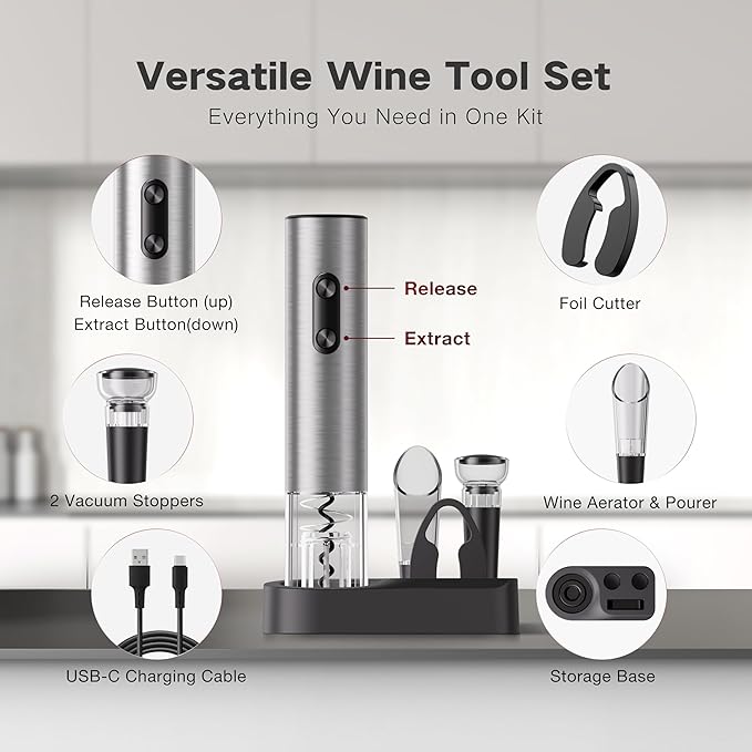 6-in-1 Electric Wine Opener Gift Set, BABONIR Stainless Steel USB-C - Image 5
