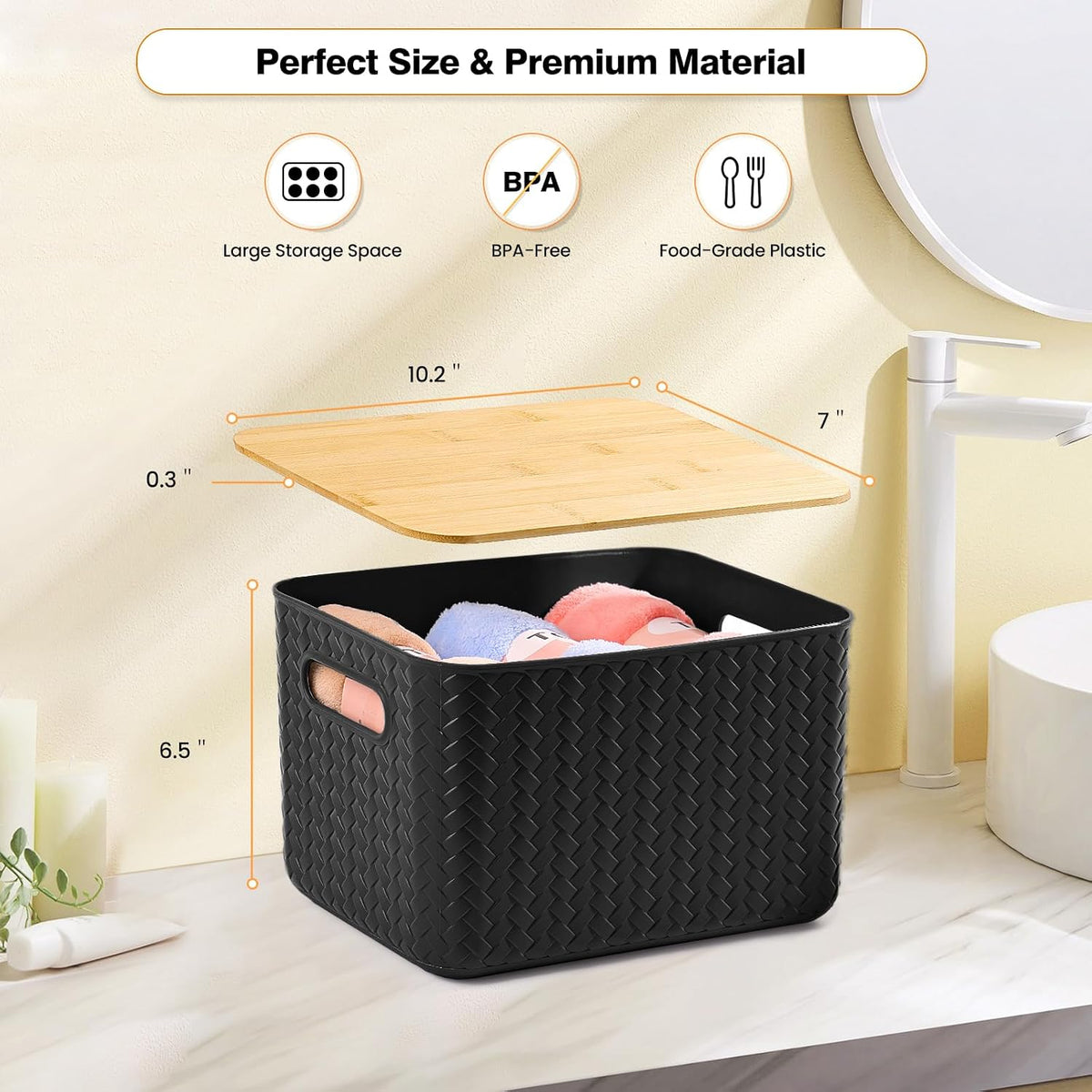 ohmlove 4 pack storage bins with bamboo lids,stackable shown in use