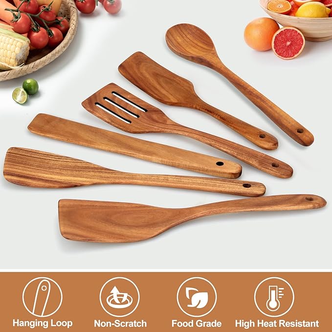 6 Pcs Best Flat Wood Spatula Set Teak Wooden Spoon - Image 2