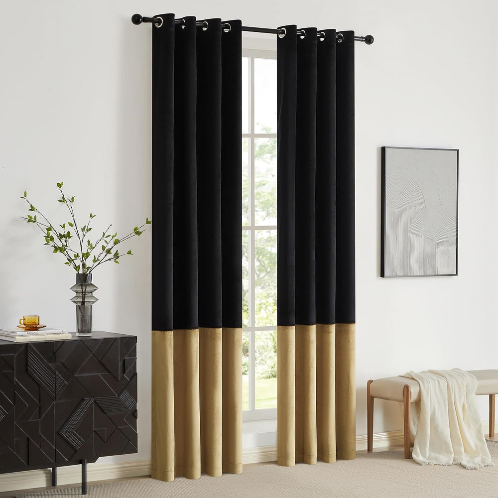 Black Gold Velvet Blackout Curtains Luxury Decor 84 inches,Color Block