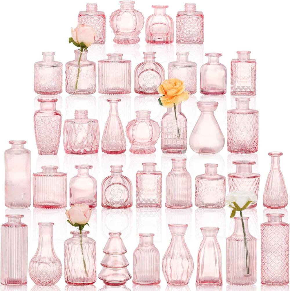 36pcs Pink Glass Bud Vase Set, Small Flower Vases for Centerpieces in Bulk