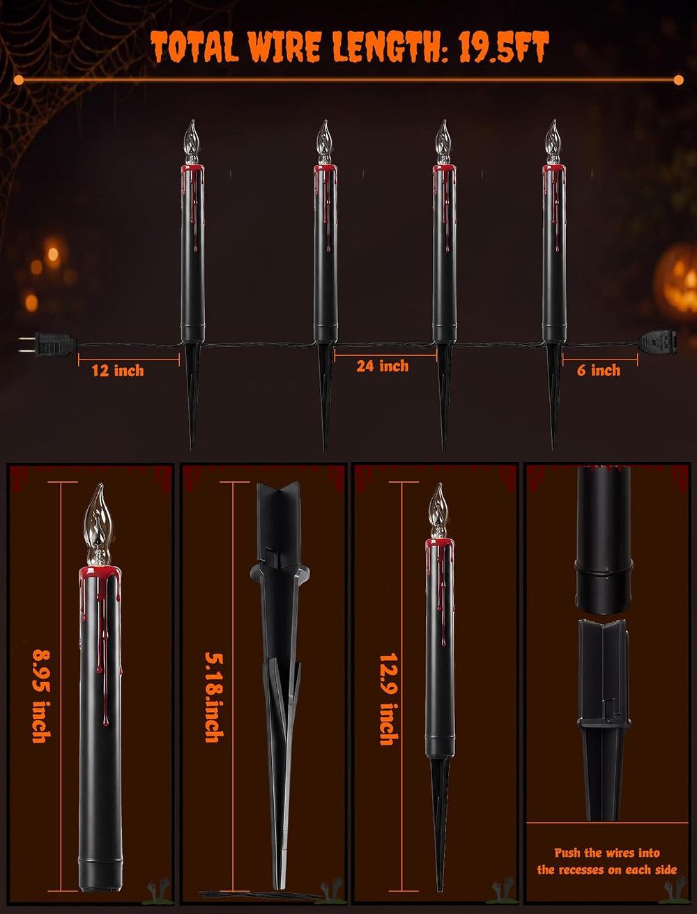 19.5Ft Halloween Candle Pathway Lights, 10-Light Black Blood Drip Stakes
