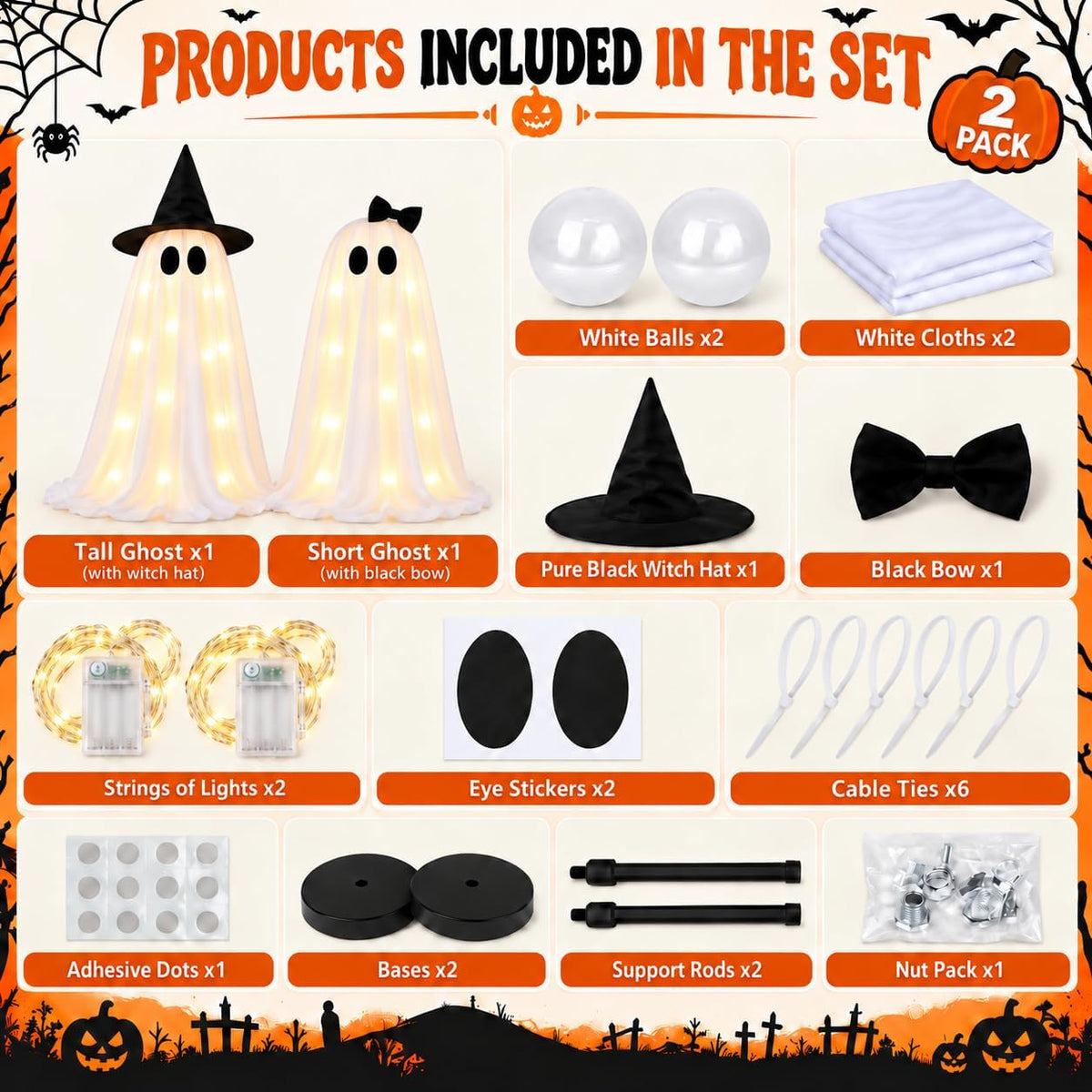 2 Pack Halloween Ghost Decorations Indoor Outdoor, Lighted Ghost Decor with Warm White String Lights, Spooky Halloween Ghosts for Porch Yard Garden Lawn Indoor Party Home Decor