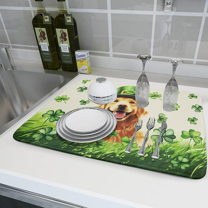 St Patrick's Day Dog Dish Drying Mat 18x24 inch Green Shamrock Dishes Pad - Image 6