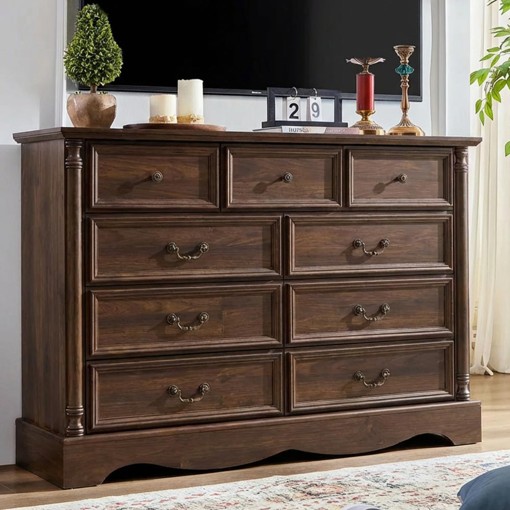 Farmhouse 9-Drawer Dresser with Charging Station for Bedroom