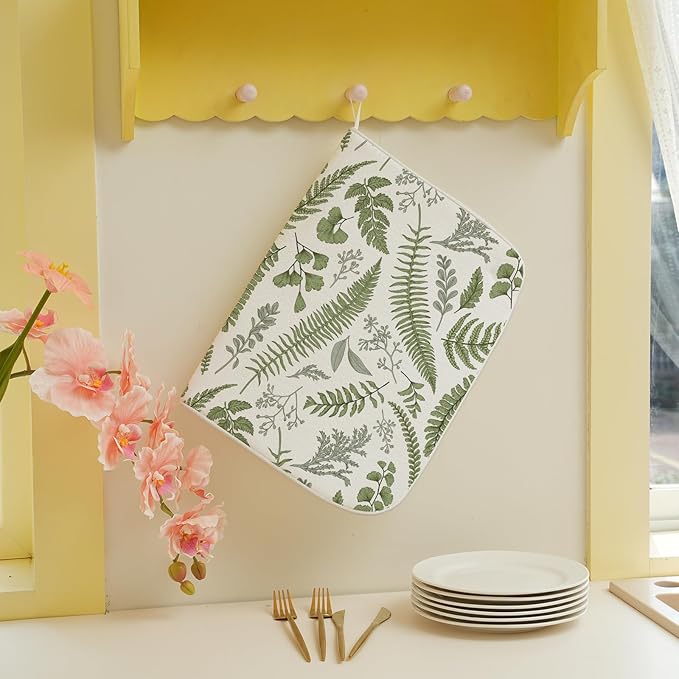 Sage Green Herb Leaves Dish Drying Mat 18 x 24 Inch Vintage Sage Green Leaf - Image 4