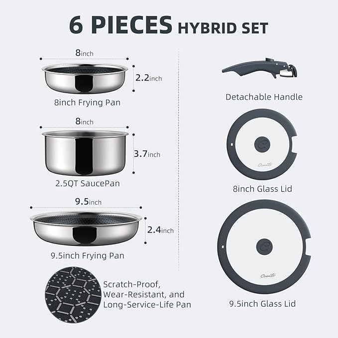 Ciwete 6-Piece Hybrid Stainless Steel Pots and Pans Set Non Stick, Tri-Ply - Image 2