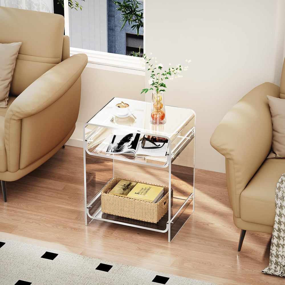 Acrylic End Table Record Player Table with Storage Shelf Clear Side Table Nig...