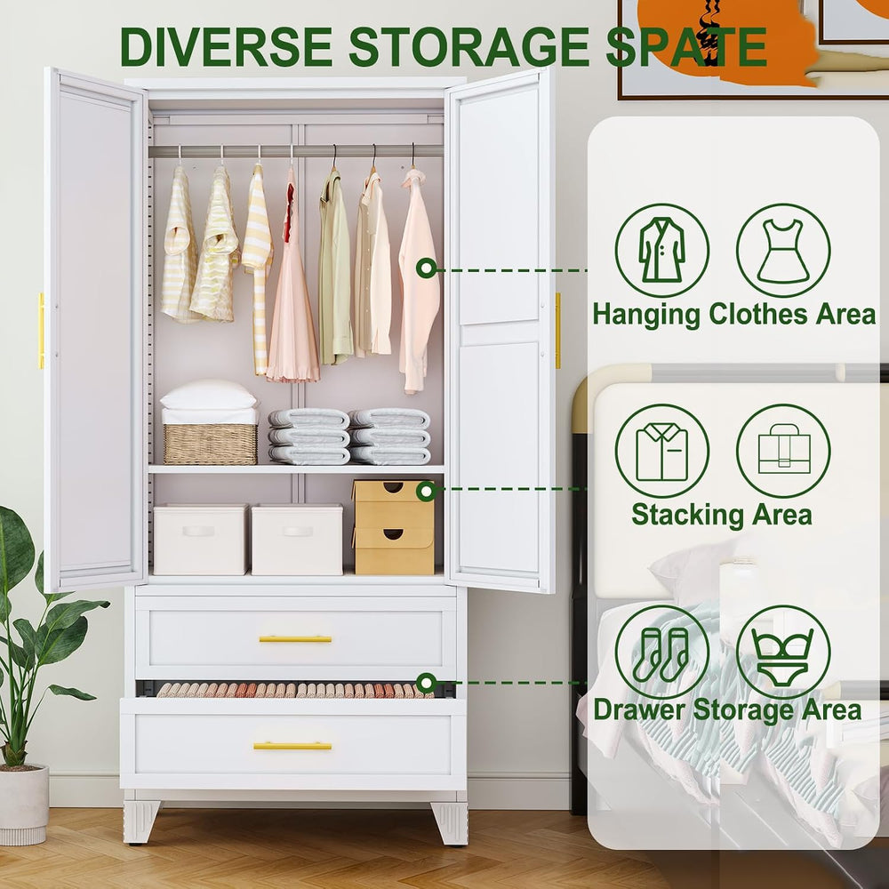 Metal Armoire Wardrobe, 71" Tall Bedroom Closet with Mirror and 2 Drawers