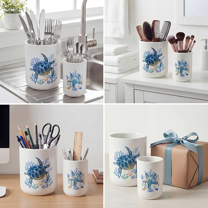 Bokon 2 Pack Ceramic Utensil Holder 6.3" + 5.1" Ocean Theme Coastal Kitchen - Image 4