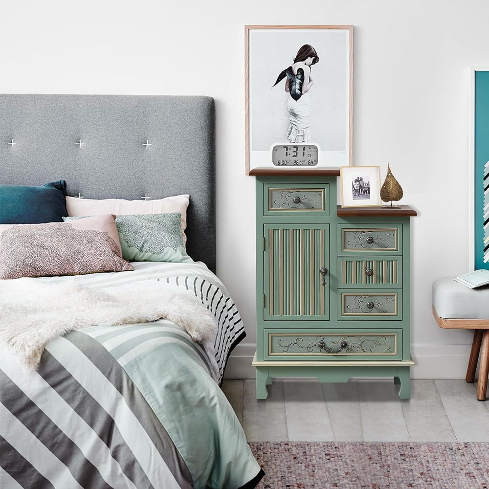 Vintage Accent Chest with 5-Drawers and Door Carved Wood Storage Cabinet Mode...