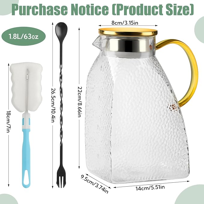 2 Pack Glass Pitcher with Lid and Handle, 1.8 Liter 60 oz Water Jugs - Image 2