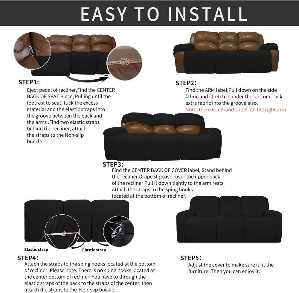 Easy-Going 8 Pieces Recliner Couch Stretch Sofa Slipcover Black