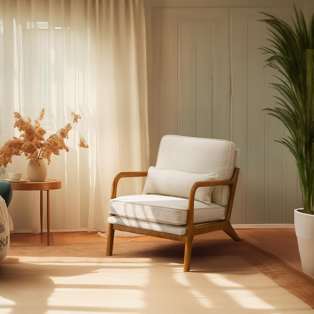 Bonnlo Fine Linen Beige Mid Century Modern Accent Chair, Soild Wood Padding L...
