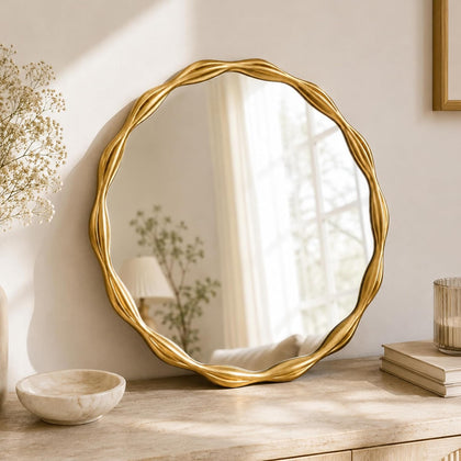 Saliwa 27 Inch Round Gold Wall Mirror with Wood Frame, Modern Decorative Circle Mirror for Bathroom, Bedroom, Living Room, Entryway, Vanity, Dresser and Home Decor