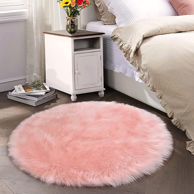 Latepis Pink Faux Sheepskin Round Rugs 6.7ft Cute Furry Rug by Latepis