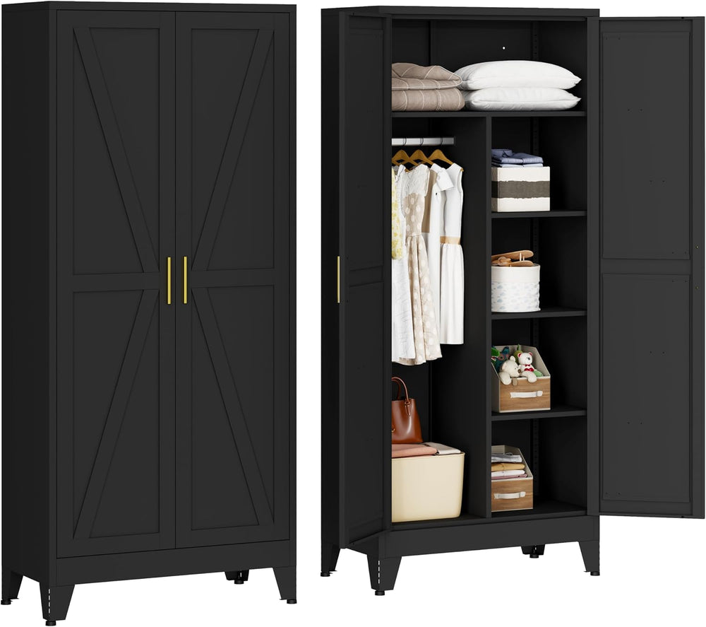 71" Metal Wardrobe Closet Clothing Storage Cabinet with Hanging Rod