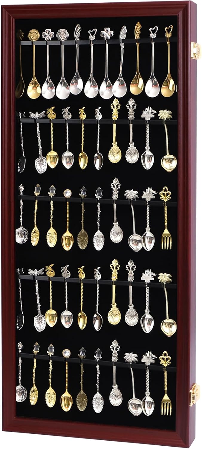 60 Souvenir Spoon Display Case Wall Mount Lockable Cabinet Cherry