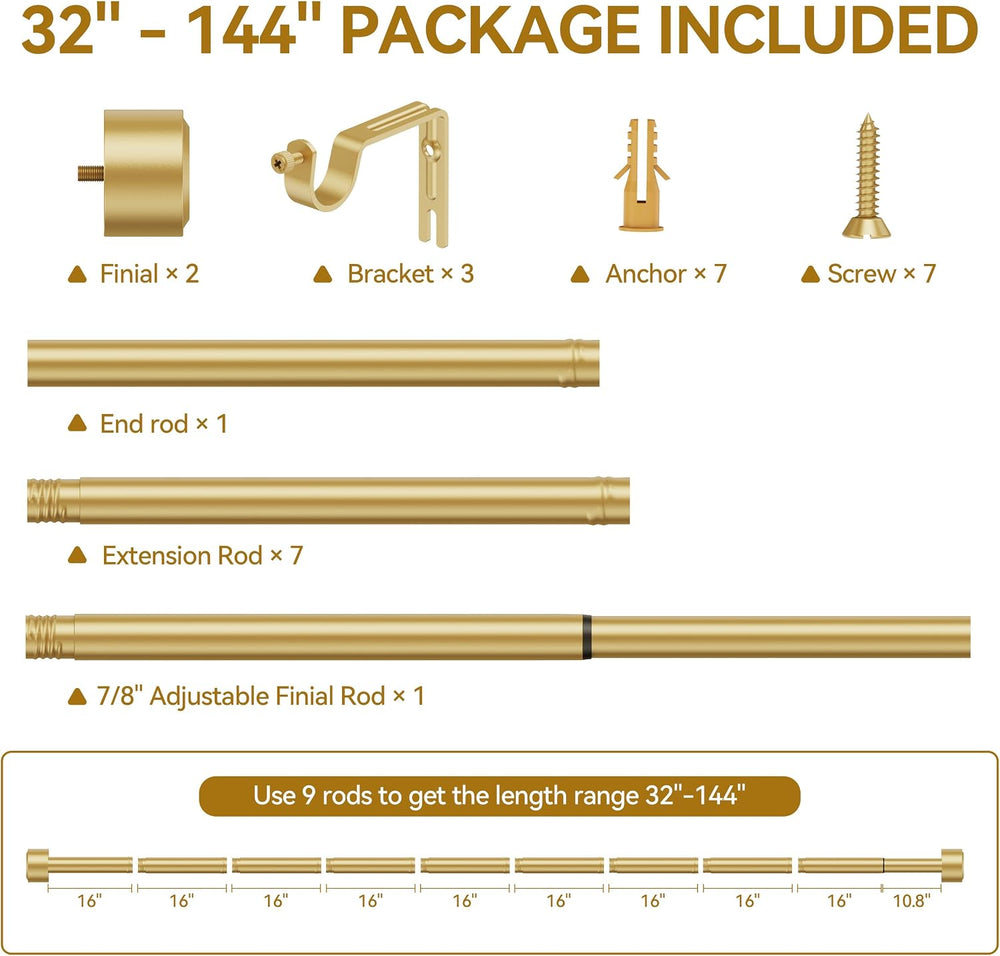 YaFex Gold Curtain Rod 32-144 Inch, Heavy Duty Adjustable 1 Inch Diameter