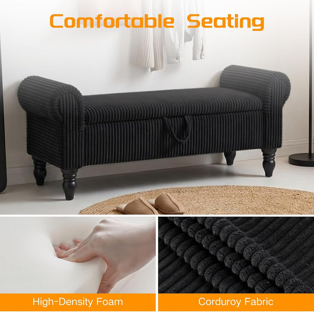 55" Storage Ottoman Bench, Corduroy End of Bed Bench for Bedroom, Black