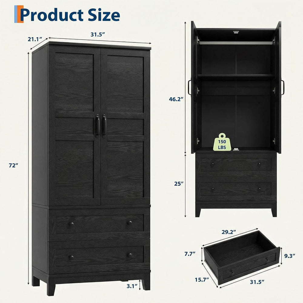 IDEALHOUSE Armoire Wardrobe Closet with 2 Drawers, 72" Tall Wooden Cloth...