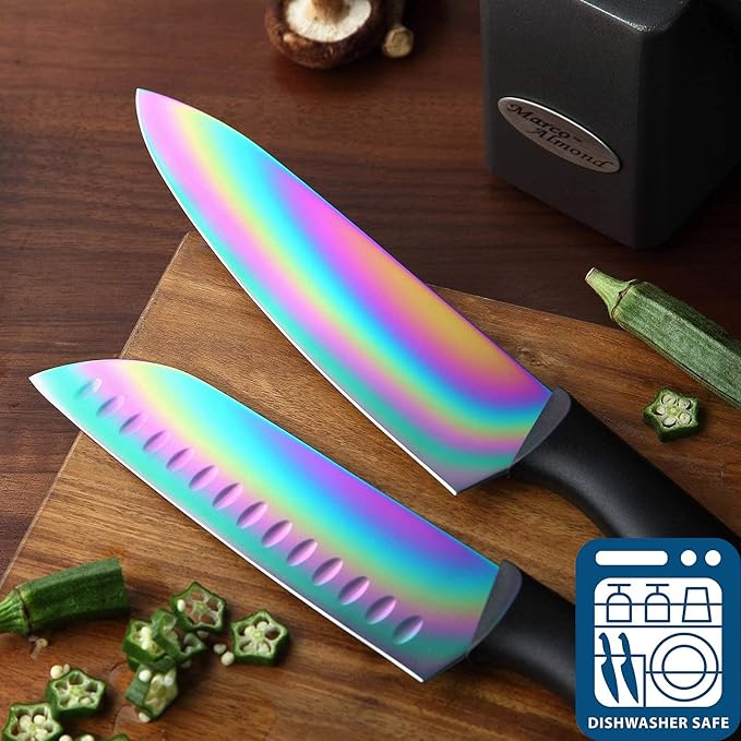 Marco Almond Knife Set with Block, 14 Piece Rainbow Titanium Knife Block Set - Image 5