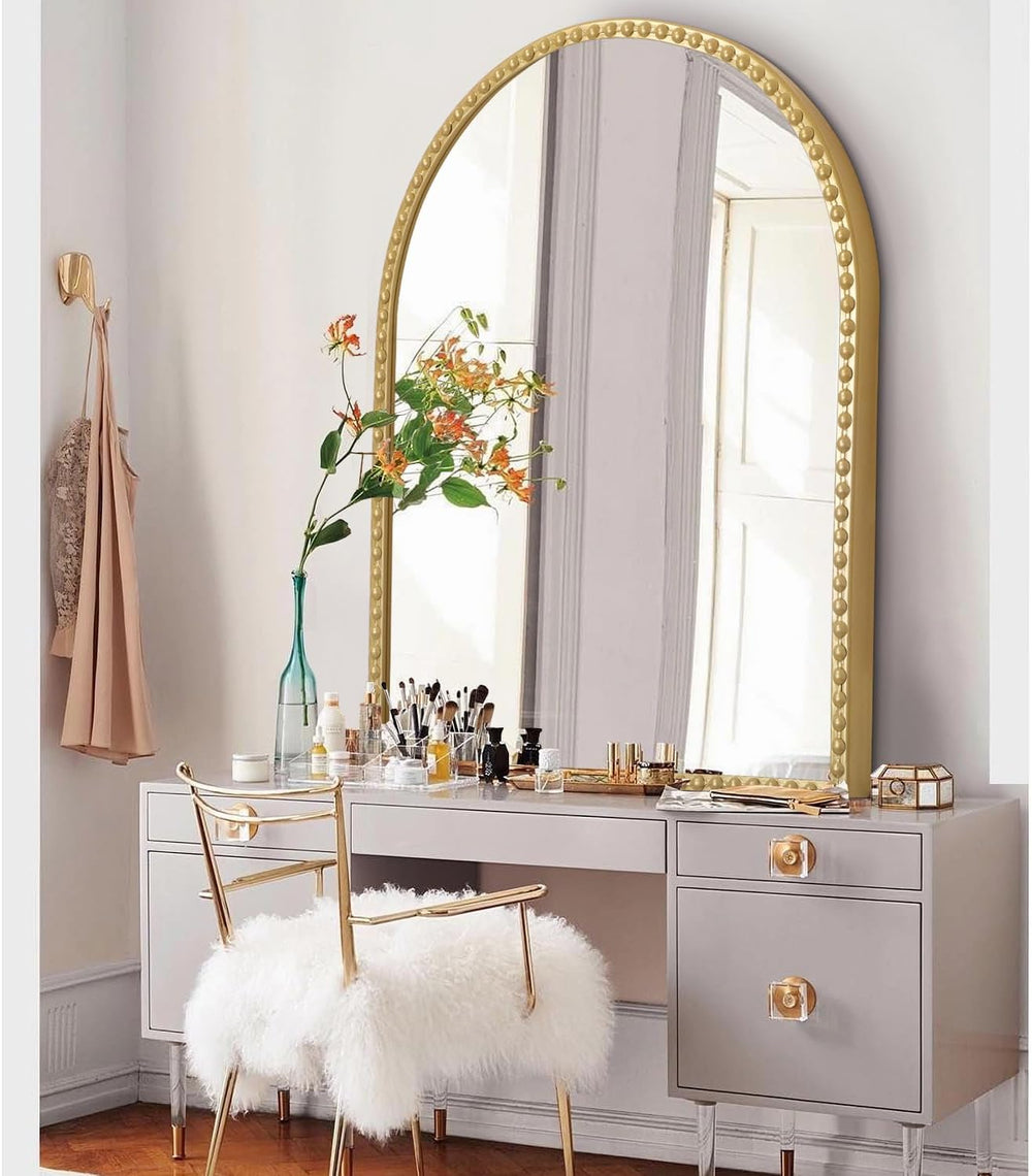 Large Gold Arch Mirror for Bathroom, Metal Beaded Frame 36"x24" Arc...