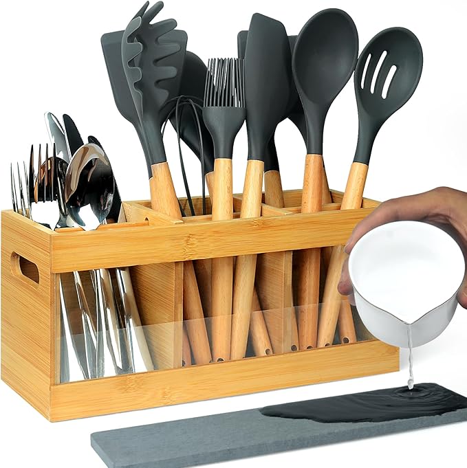 Kitchen Utensil Holder for Counter Extra Large Bamboo Wooden Utensil Organizer - Image 8