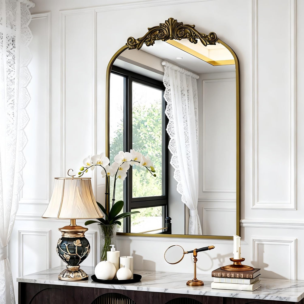 Vintage Arched Wall Mirror, 36"x24" Antique Bronze Bathroom Mirror