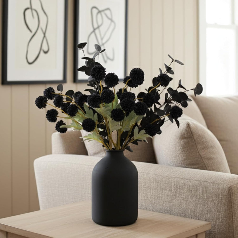 12 Black Artificial Flowers & Eucalyptus Long Stems, Halloween Decor