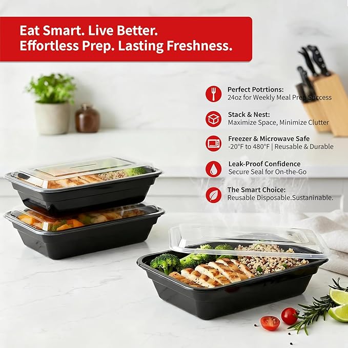 60 Pack 24 oz Meal Prep Containers Reusable, Plastic Food Storage Container - Image 5