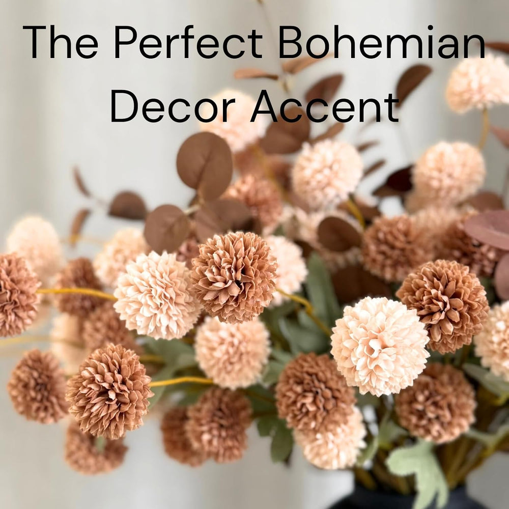 22pcs Artificial Beige & Brown Kiku Flowers with Eucalyptus Stems Bulk, F...