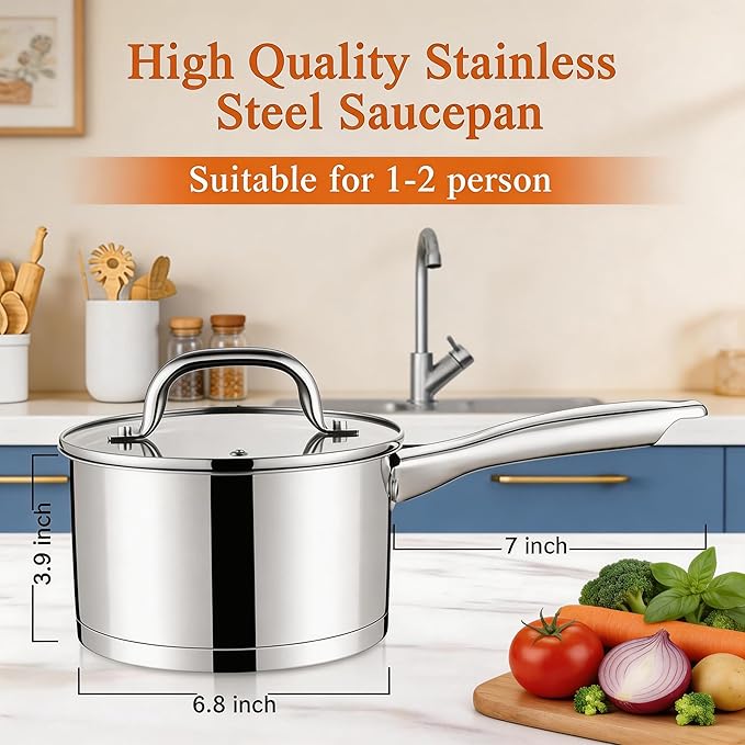 LIANYU 2 Quart Saucepan with Lid, Stainless Steel Sauce Pan Small Cooking Pot - Image 2