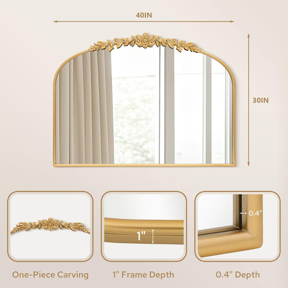 Large Fireplace Gold Mirror: 40"x30" Baroque Antique Arched Mirror