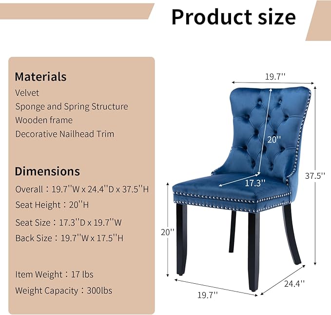 Modern Dining Chairs Set of 2, Tufted Upholstered Dining Chair with Solid Woo...