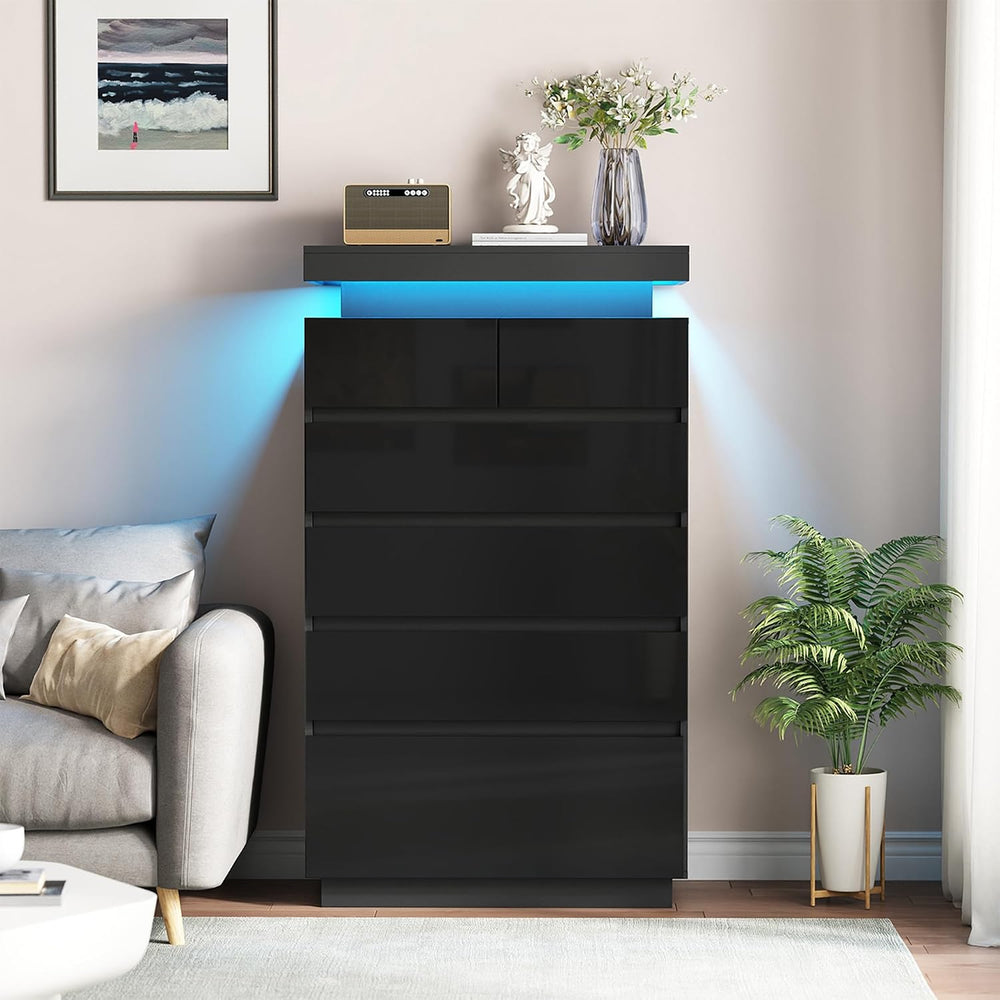 51" Tall Gloss 6 Drawer Dresser with Adjustable LED Light, Black