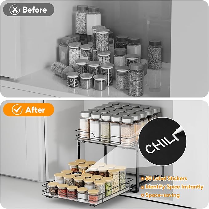 Spice Rack Organizer for Cabinet, 2 Tier Pull Out Spice Rack – Heavy Duty Metal - Image 9