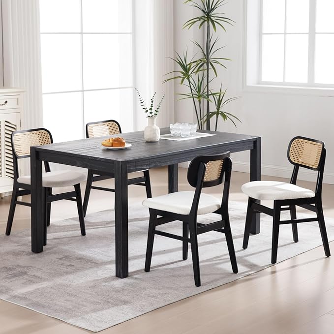 Black Rattan Dining Chairs Set of 6 Sherpa Dining Room Chairs Natural Wooden ...