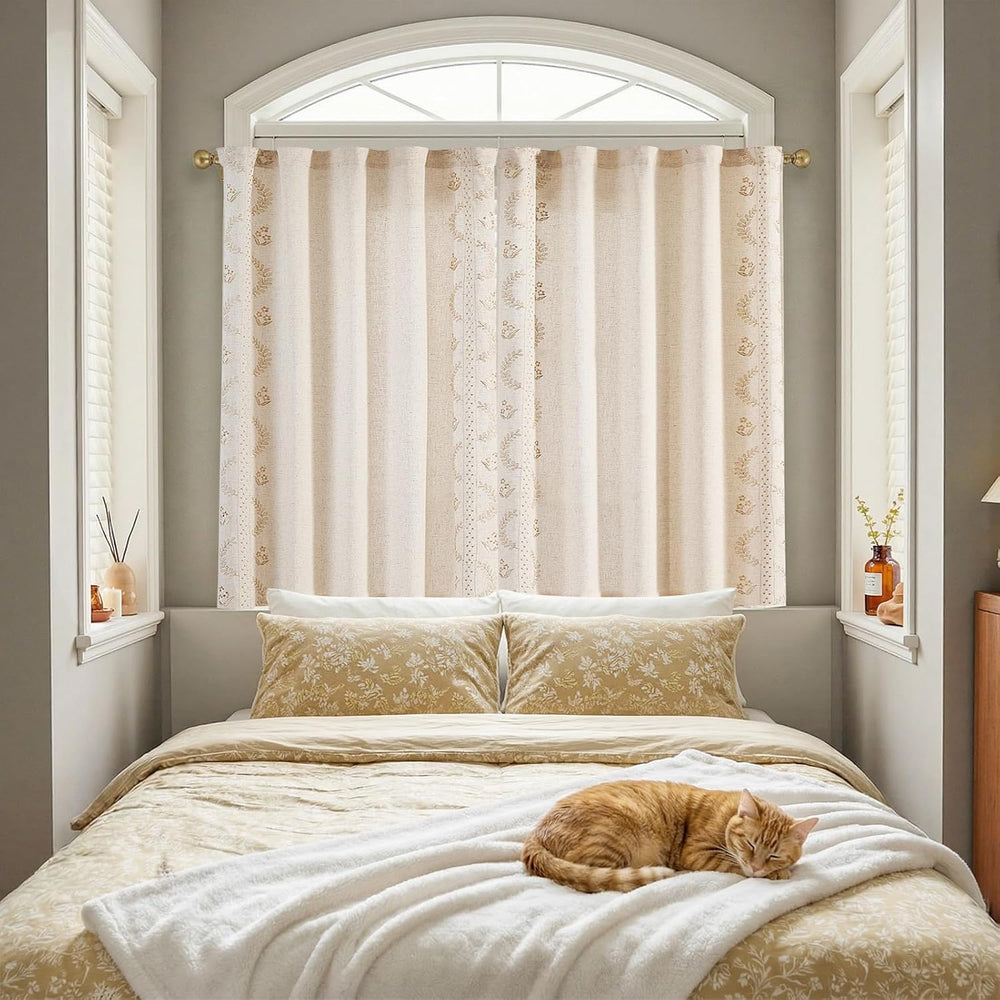 jinchan Beige Floral Linen Kitchen Tier Curtains 50x45 Inch 2 Panels