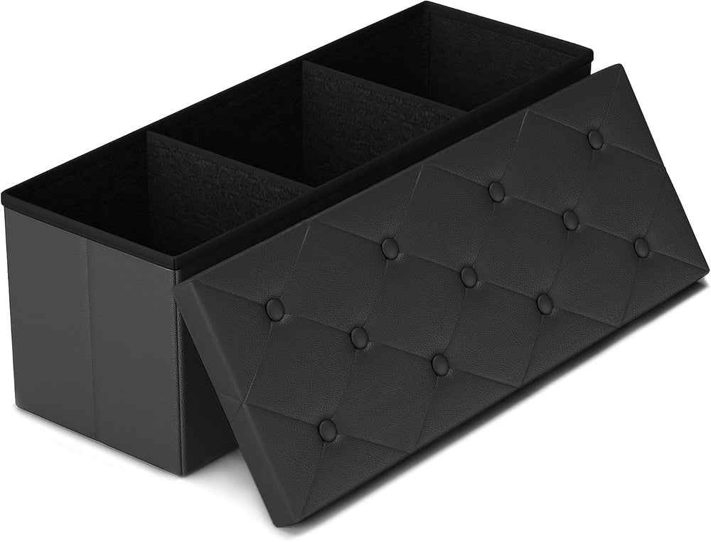 GLAXYFUR 43" Storage Ottoman Bench, Folding Ottoman with 2 Dividers, Bla...