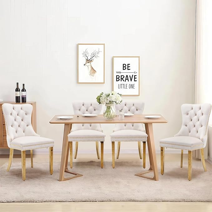 Velvet Upholstered Dining Chairs Set of 4, Modern Style Kitchen Side Chairs w...