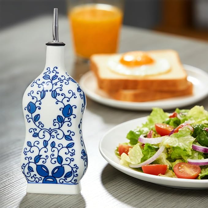 Ceramic Oil Dispenser 16oz, Square Blue and White Olive Oil Bottle - Image 6